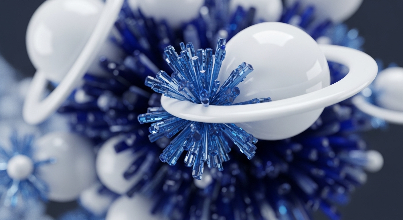 The image features multiple abstract, glossy white spheres, each encircled by a white ring, embedded within dense clusters of translucent blue, spiky crystalline structures. These elements are arranged across the frame with varying degrees of focus, creating a sense of depth and intricate detail against a dark background