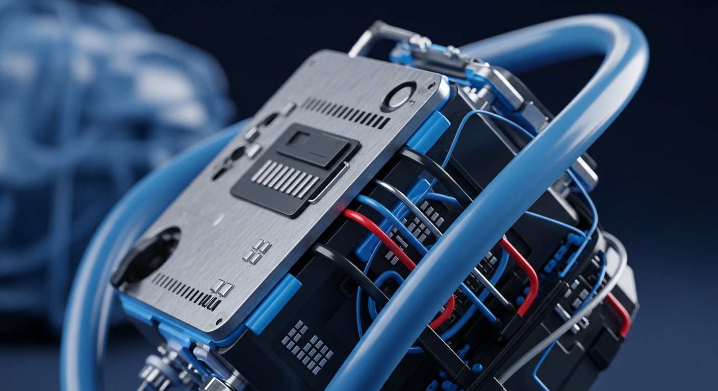 A close-up view displays a metallic, rectangular processing unit with a brushed texture, featuring integrated circuits and numerous multicolored wires. Visible are blue, red, and black cables meticulously routed through its robust framework, alongside various embedded components and ventilation grilles