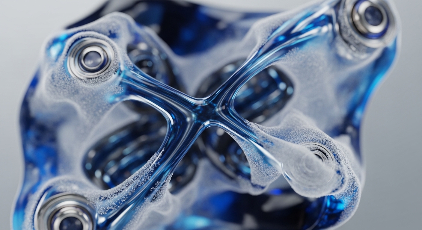 A central translucent blue liquid structure forms an X-shaped nexus, intricately connected to multiple circular metallic nodes. These nodes are partially encased in a frosted, granular white material that suggests a protective or processed layer