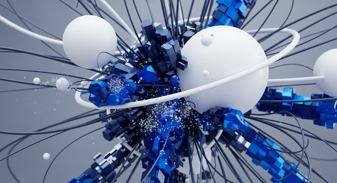 An intricate abstract composition showcases large white spheres interconnected by thin white rings and numerous black lines, set against a light grey background. Central to the image are dense clusters of faceted blue and dark geometric shapes, with smaller white particles scattered throughout