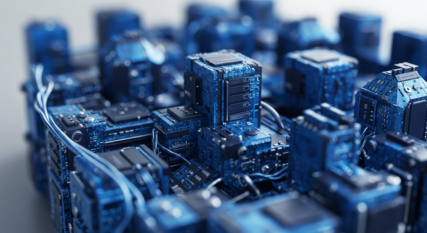 A detailed, close-up view reveals an intricate network of blue-lit cuboid electronic components, interconnected by numerous wires, creating a dense, futuristic digital landscape. These high-density processing units represent the foundational elements of a robust decentralized network architecture