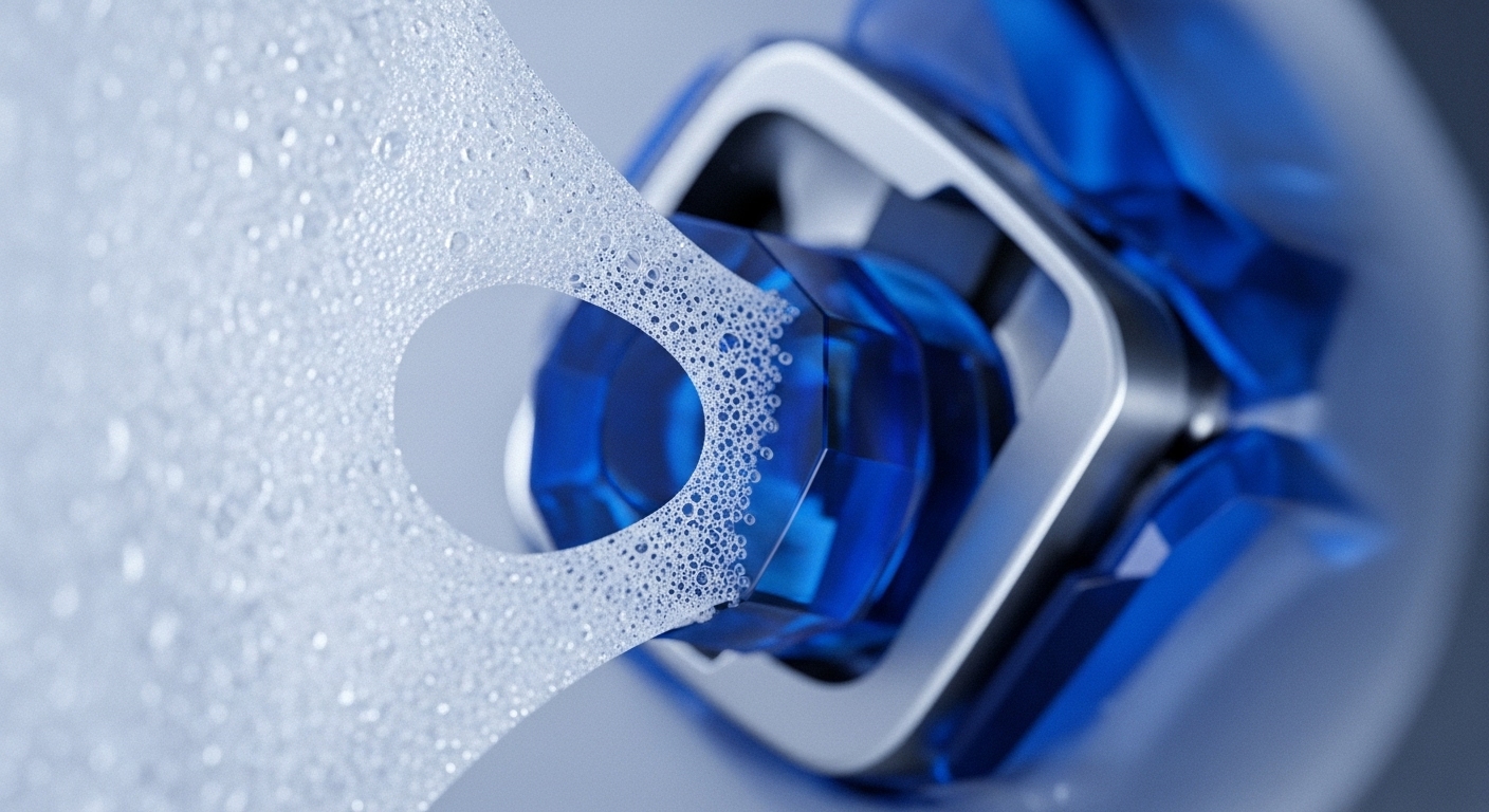 A dynamic stream of fine white foam, featuring a distinct circular void, interacts with a meticulously crafted blue and silver mechanical component. The foam represents a high-velocity transactional data stream, efficiently routed through a protocol gateway