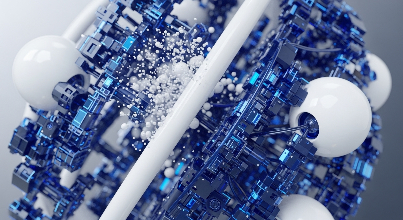 A vibrant digital abstract depicts a complex network of blue and black cubic structures with glowing blue accents. Smooth white spheres are embedded within this lattice, connected by thin lines, and a central white cylindrical bar runs diagonally through the composition