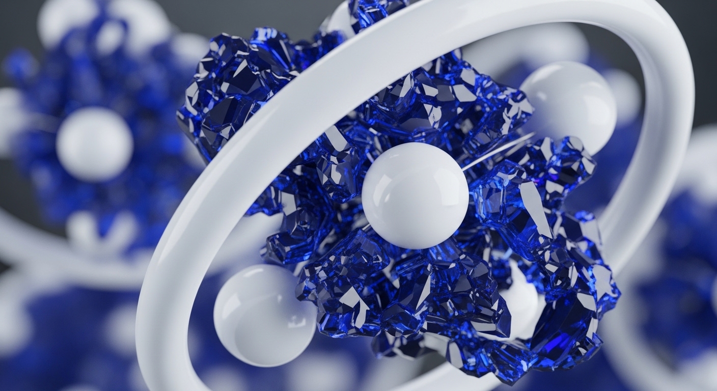 The image displays smooth white spheres interspersed among clusters of multifaceted, deep blue crystalline structures, all intricately connected by prominent white, looping pathways. Similar blurred formations recede into the background, suggesting a vast, interconnected system