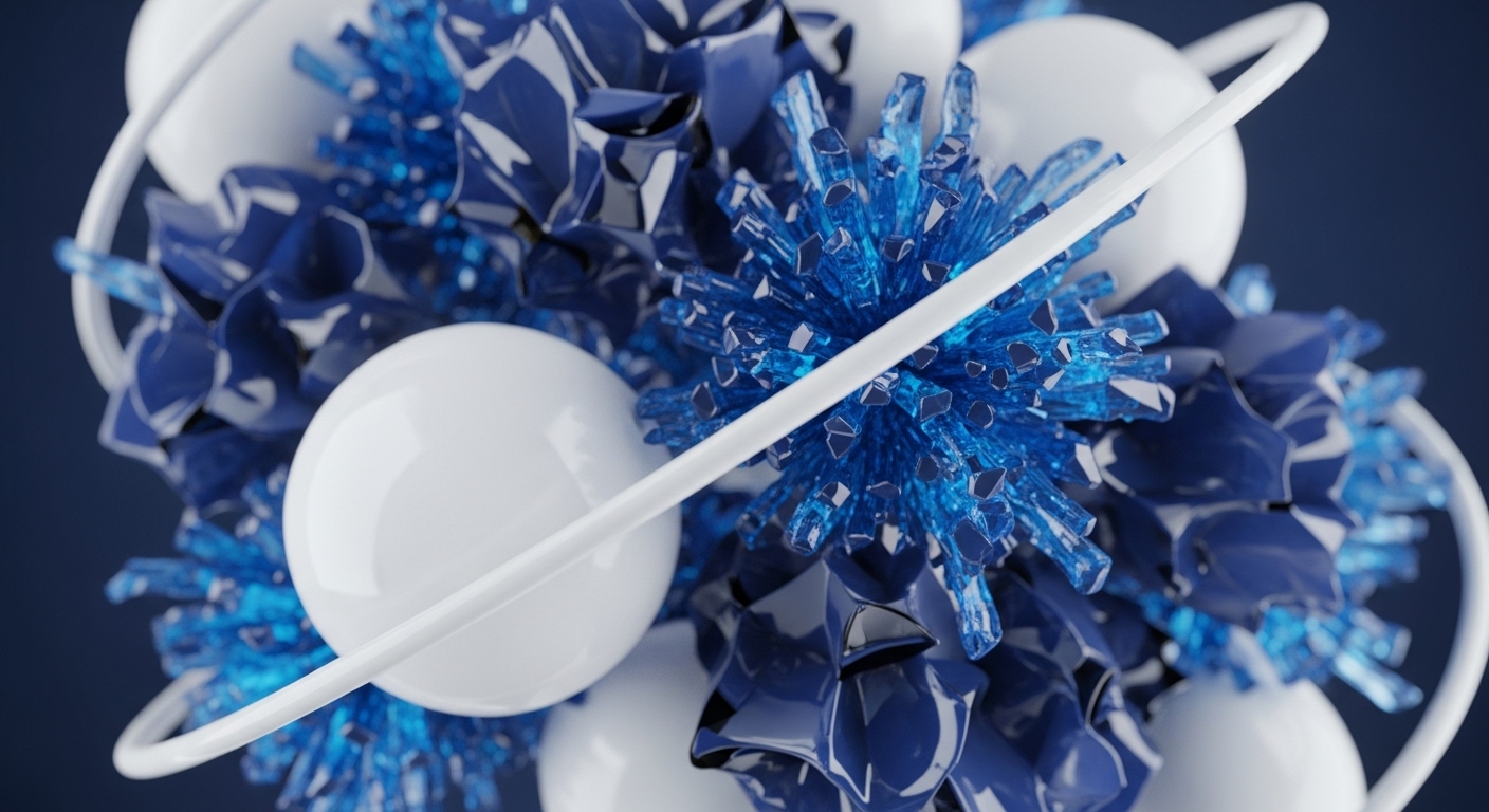 The image displays a dynamic arrangement of glossy white spheres, striking blue crystalline formations, and deep blue reflective abstract shapes, intricately linked by smooth white orbital rings. This abstract representation vividly illustrates the complex architecture of a modern blockchain infrastructure
