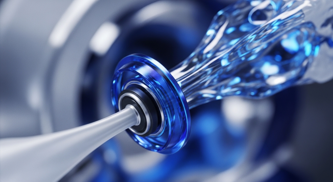 A detailed close-up reveals a sleek, silver-toned shaft connecting to a vibrant, translucent blue ring component, with a luminous blue, fluid-like stream extending dynamically from its core. The background features blurred metallic and blue elements, emphasizing a clean, high-tech environment