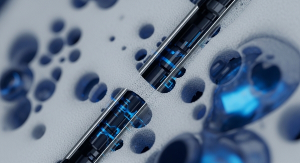 A micro-scale visualization depicts a textured, porous substrate representing a distributed ledger network, interspersed with numerous depressions akin to active network nodes. Two metallic conduits diagonally traverse this digital landscape, illustrating secure channels for smart contract execution. Within these pathways, vibrant blue patterns evoke the intricate flow of cryptographic operations and real-time data immutability. This abstract rendering captures the essence of high transaction throughput and the dynamic interplay within a blockchain's foundational architecture, emphasizing computational integrity and protocol efficiency.