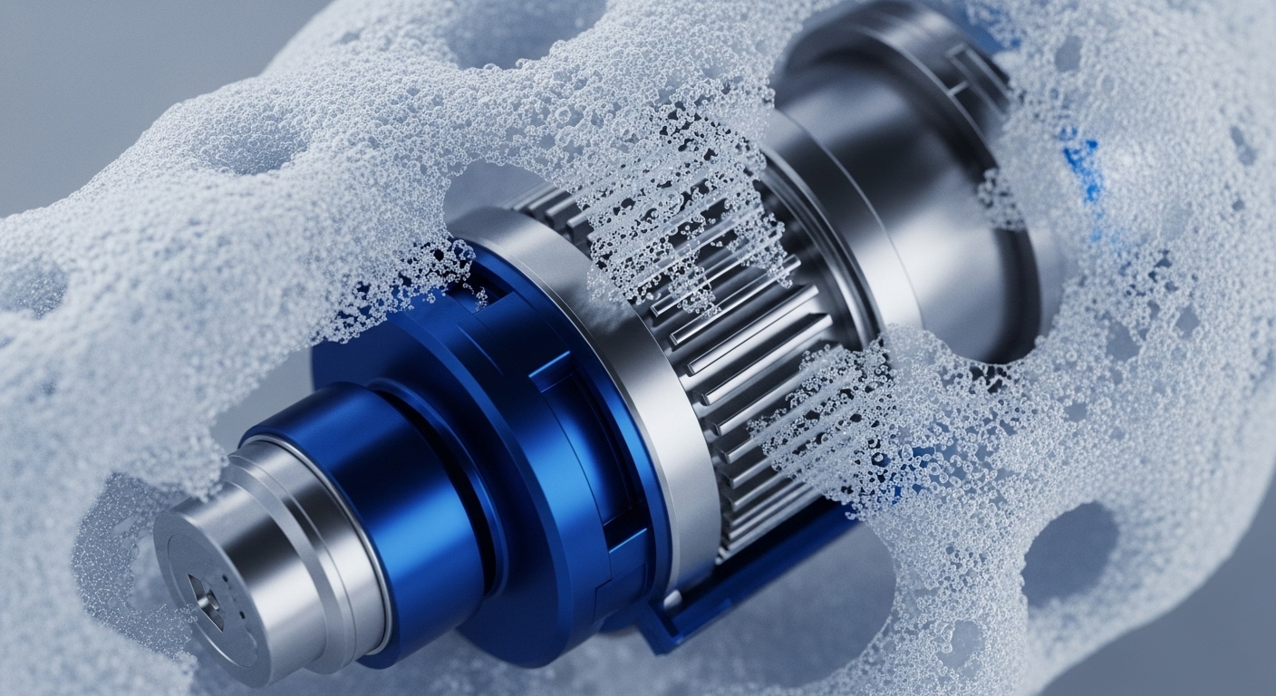The image presents a close-up of sophisticated mechanical components, highlighting a vibrant blue cylindrical shaft and a finely machined silver gear, partially immersed in a textured, light-colored granular material. This substance appears to be either interacting with or enveloping the metallic structures, suggesting a dynamic process of lubrication, protection, or data flow