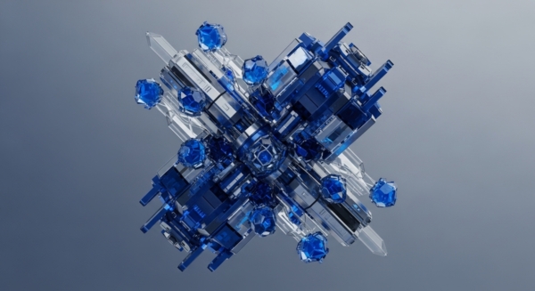 A symmetrical, three-dimensional construct of clear and deep blue crystalline elements floats against a gradient grey background. Its intricate central core, a nexus of intersecting transparent and opaque blue blocks, forms a robust protocol stack. Faceted blue spheres, depicting validator nodes or tokenized assets, are distributed around and within, signifying a distributed network. Transparent crystalline rods extend outwards, illustrating blockchain interoperability pathways. This design embodies an immutable data architecture, akin to a decentralized autonomous organization DAO mechanism.