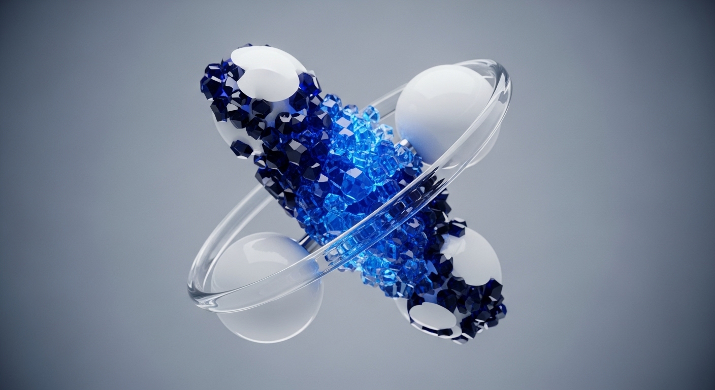 The composition features a horizontal, elongated mass of sparkling blue crystalline fragments, ranging from deep indigo to bright sapphire, flanked by four smooth white spheres. Transparent, intersecting rings interconnect and encapsulate this central structure against a neutral grey background