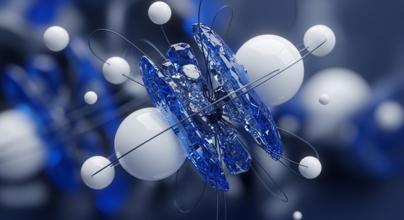 The image displays a cluster of vibrant blue crystalline forms surrounded by smooth white spheres, all connected by thin dark lines. These elements are set against a blurred deep blue background with additional out-of-focus shapes
