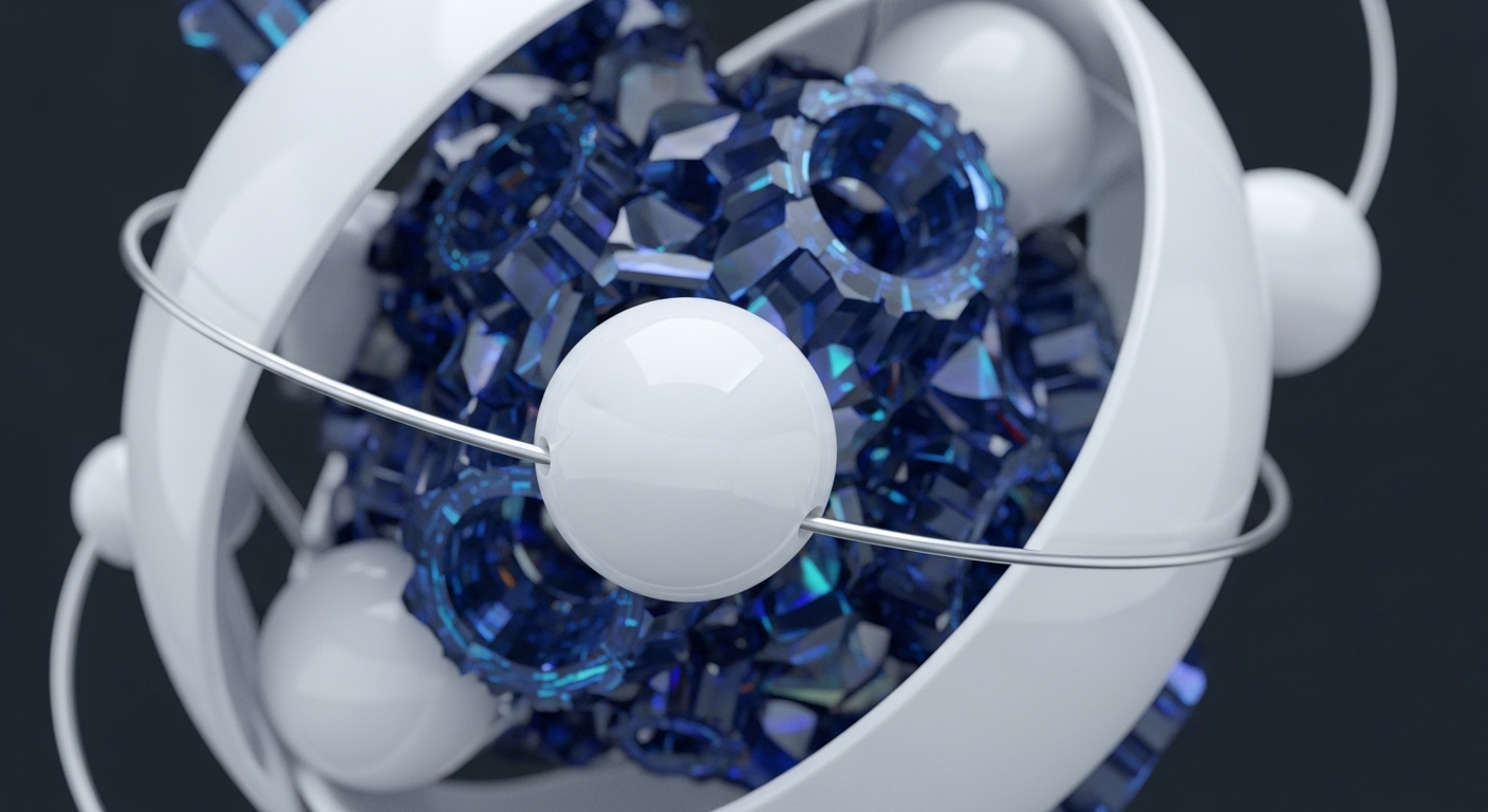 The visual presents a sophisticated abstract representation featuring a prominent, smooth white spherical shell, partially revealing an internal cluster of shimmering blue, geometrically faceted components. Smaller white spheres orbit this structure, connected by sleek silver filaments, forming a dynamic decentralized network