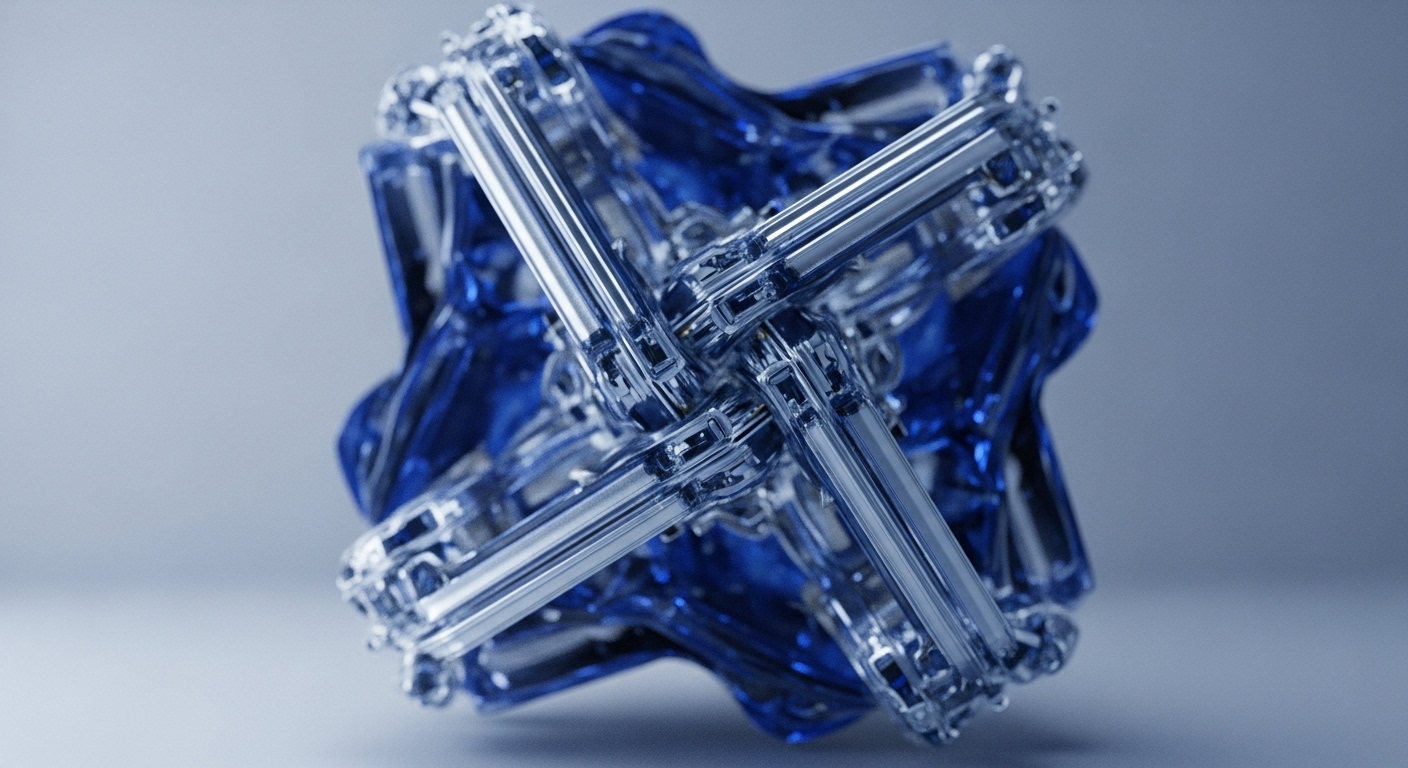 A complex, transparent geometric structure, composed of clear, intersecting rods, is intricately interwoven with a vibrant, translucent blue, fluid-like material, set against a smooth, light gray backdrop. The central arrangement of these elements forms a dynamic, abstract visual representation of interconnected digital systems
