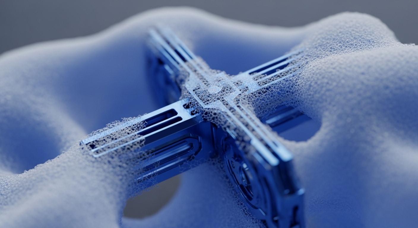 A vibrant blue metallic, cross-shaped component, possibly an ASIC or validator node, is partially submerged in a dense layer of white foam. The intricate design of the object, featuring various slots and reflective surfaces, is accentuated by the delicate, bubbly texture clinging to its form