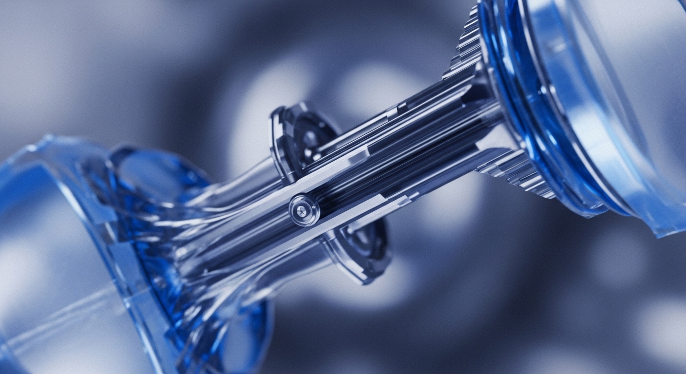 A detailed close-up shot showcases a sophisticated assembly of blue translucent and metallic elements. The composition highlights the precision and interconnectedness of these components, suggesting an advanced technological system