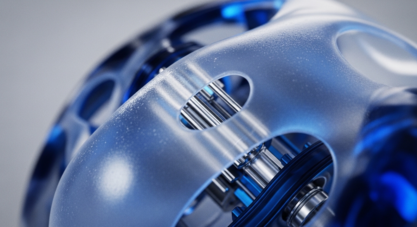 A macro shot presents a light blue, frosted translucent mechanical casing with circular openings. Inside, shiny metallic rods and darker blue structural elements are visible, suggesting an engineered internal system