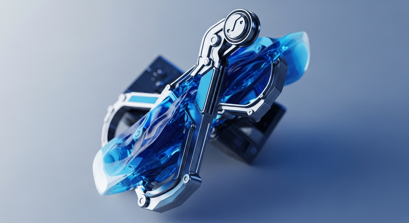 A sleek, metallic and translucent blue device is centered against a gradient grey-blue background. The object features intricate mechanical components cradling a vibrant, wave-like blue substance, suggesting a contained energy or data flow