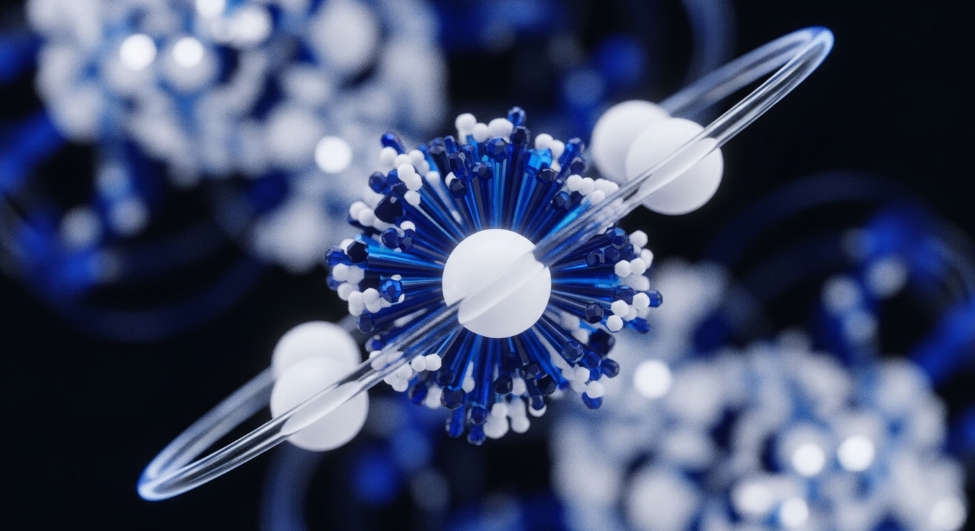 A detailed abstract visualization features a central spiky sphere composed of numerous blue and white crystalline and spherical elements. A transparent, elliptical ring horizontally bisects this core structure, with additional blurred, similar forms in the background