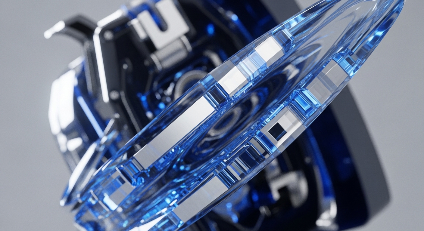 A detailed abstract render showcases a futuristic system composed of translucent blue and polished silver elements. The foreground features sharply defined, intricate crystalline structures, while the background reveals blurred, complex machinery