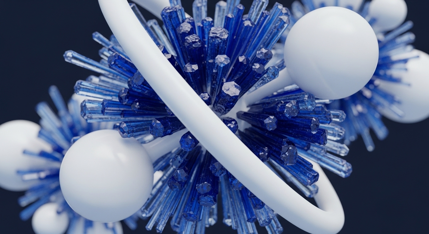 The image displays several clusters of sharp, translucent blue crystalline rods radiating outwards, interspersed with smooth, matte white spheres. Thick, seamless white tubular structures connect and weave through these blue crystalline formations and white spheres, set against a dark, blurred background