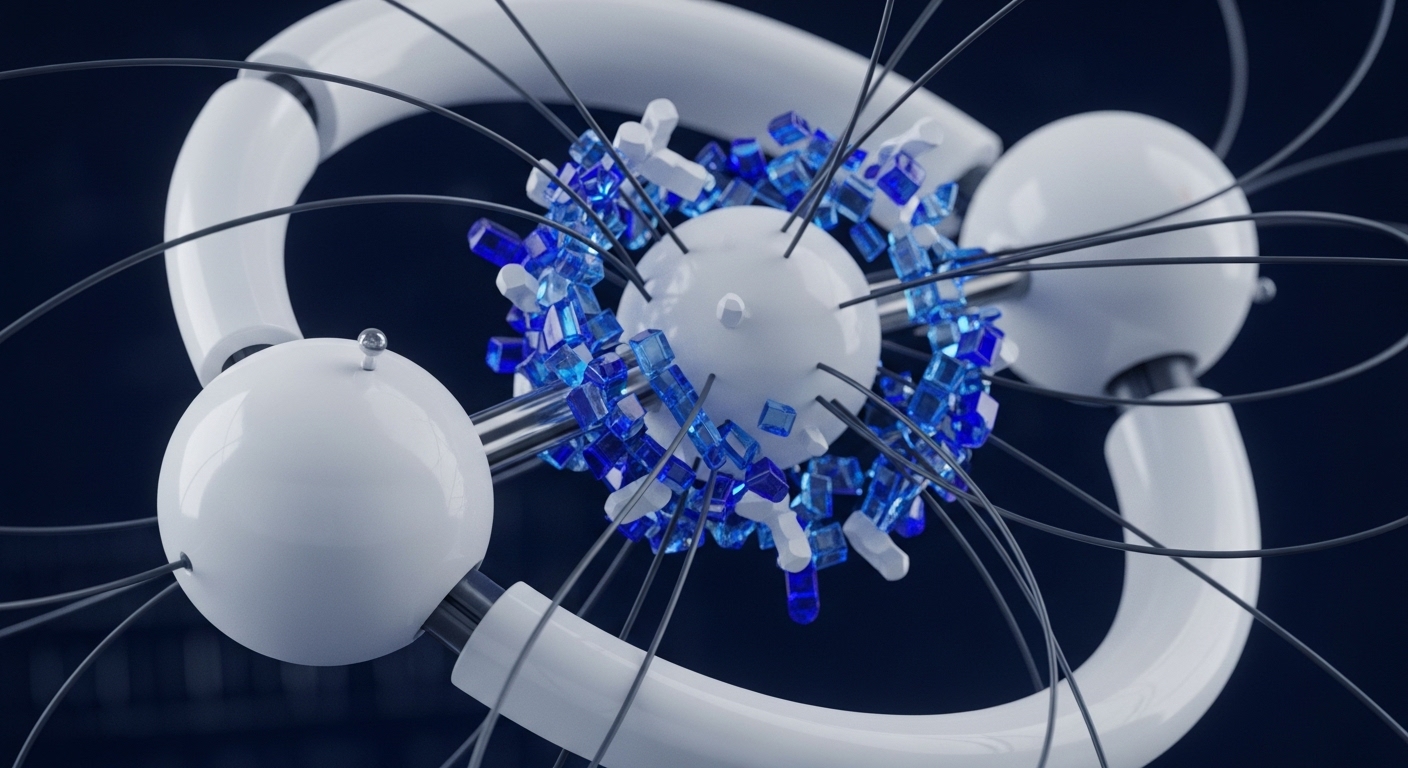A detailed abstract composition displays a central white spherical core from which numerous small white hexagonal and vibrant blue cuboid elements radiate, connected by slender black lines. These lines extend to three larger, glossy white spherical nodes arranged in a segmented, overarching structure