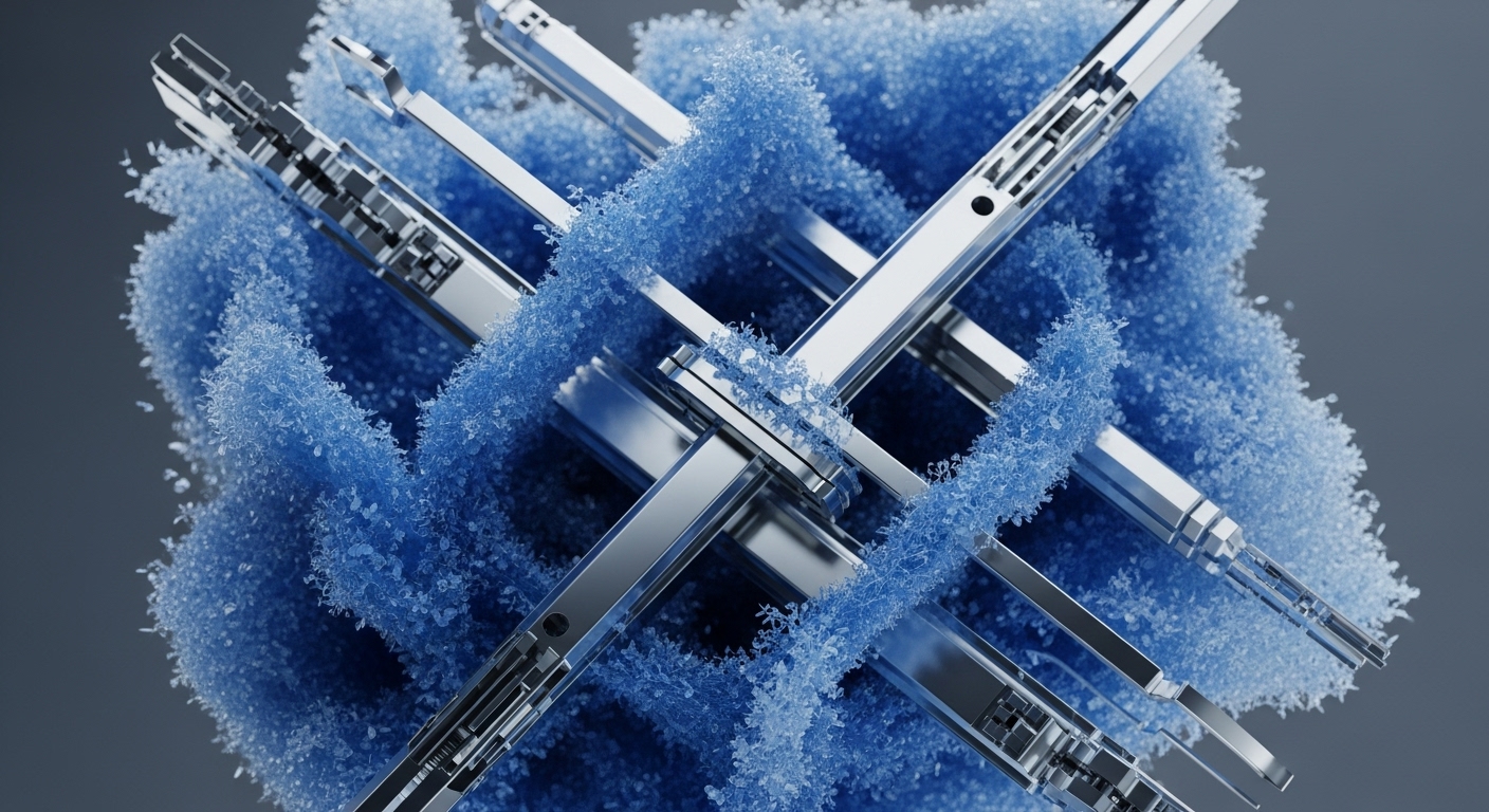 Polished metallic structural elements, appearing as advanced computational components, intersect and are enveloped by a vibrant, intricate blue textured substance. This substance is composed of countless fractal-like particles, creating a dynamic visual representation of complex interconnections