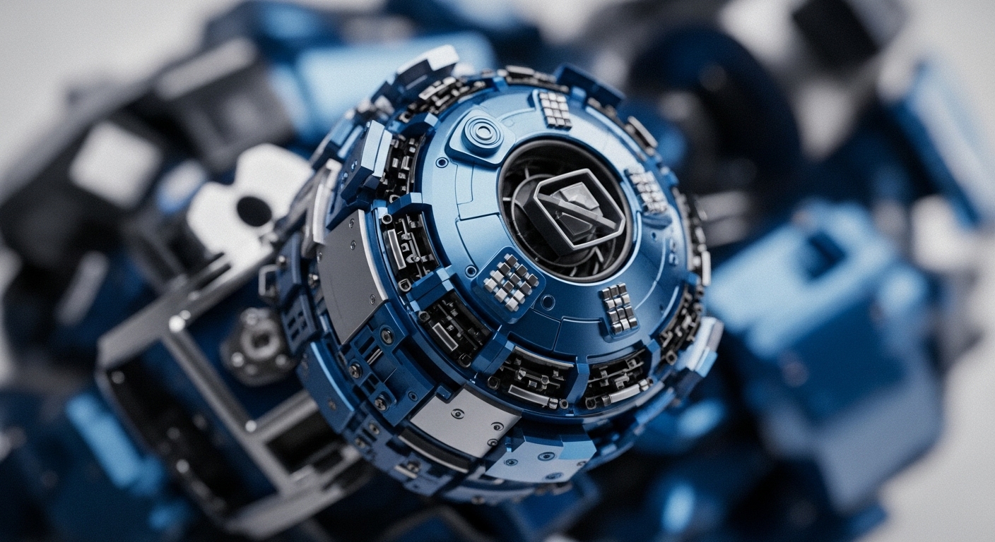 A sharply focused image displays a complex, spherical mechanism, predominantly metallic blue and silver, detailed with various panels, vents, and structured arrays. This intricate device features a central aperture revealing an internal, multi-faceted component, set against a blurred background of similar mechanical elements
