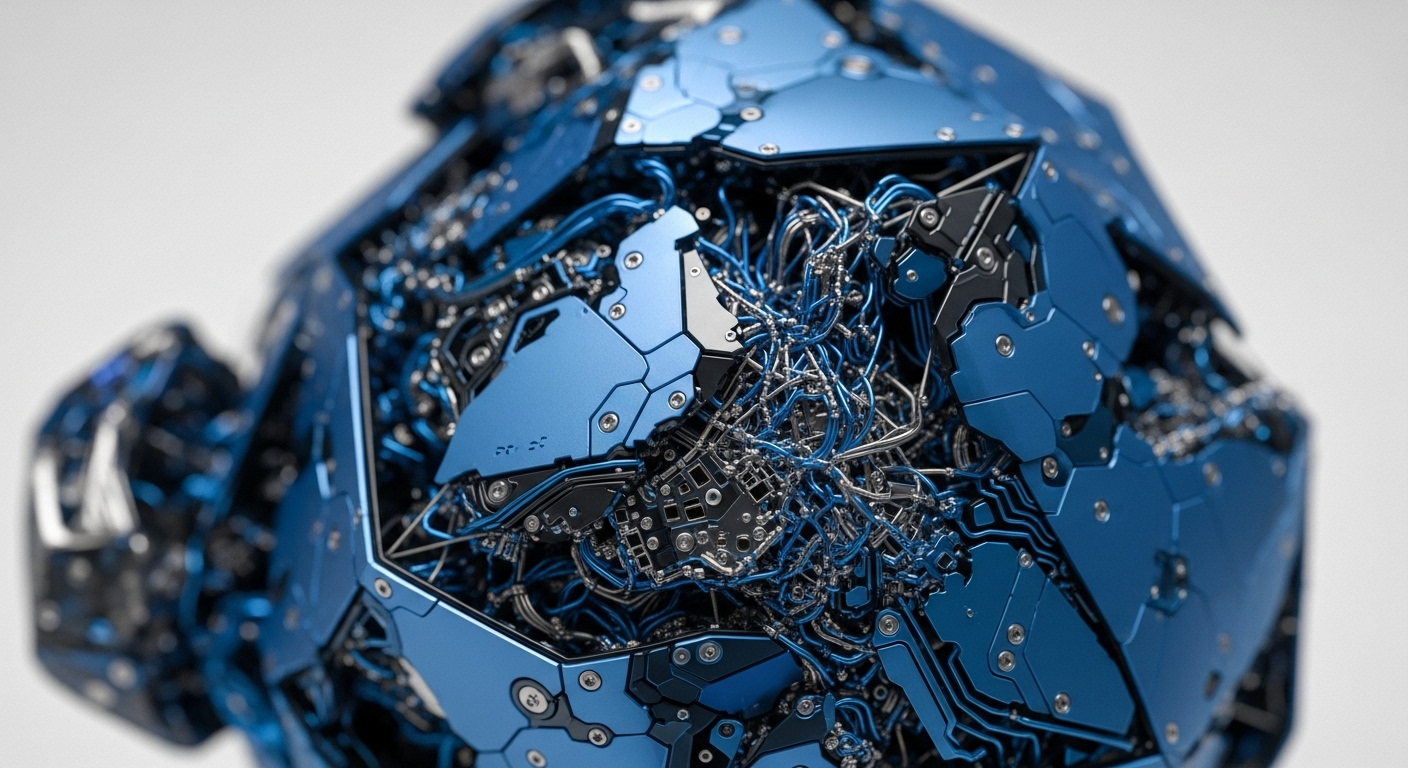 A highly detailed, close-up perspective showcases a futuristic, multifaceted technological object. Its exterior consists of polished metallic blue hexagonal and rectangular panels, intricately fastened with visible screws, while deep crevices reveal an inner core of complex circuitry and a dense tangle of blue and silver wiring
