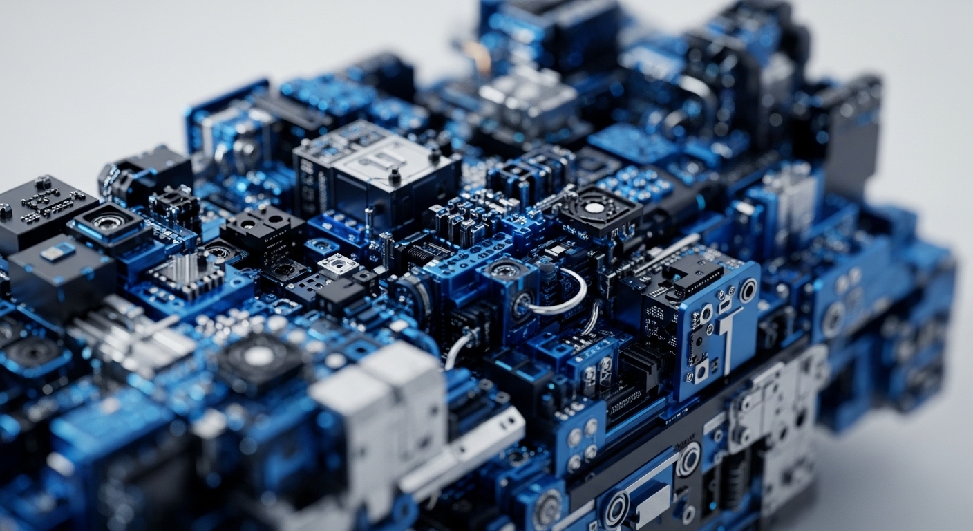 A close-up view reveals a dense, highly detailed arrangement of electronic components, primarily in metallic blue, matte black, and reflective silver. Various cubic and rectangular modules, interconnected by pathways and fine wires, form a complex, integrated system with a shallow depth of field
