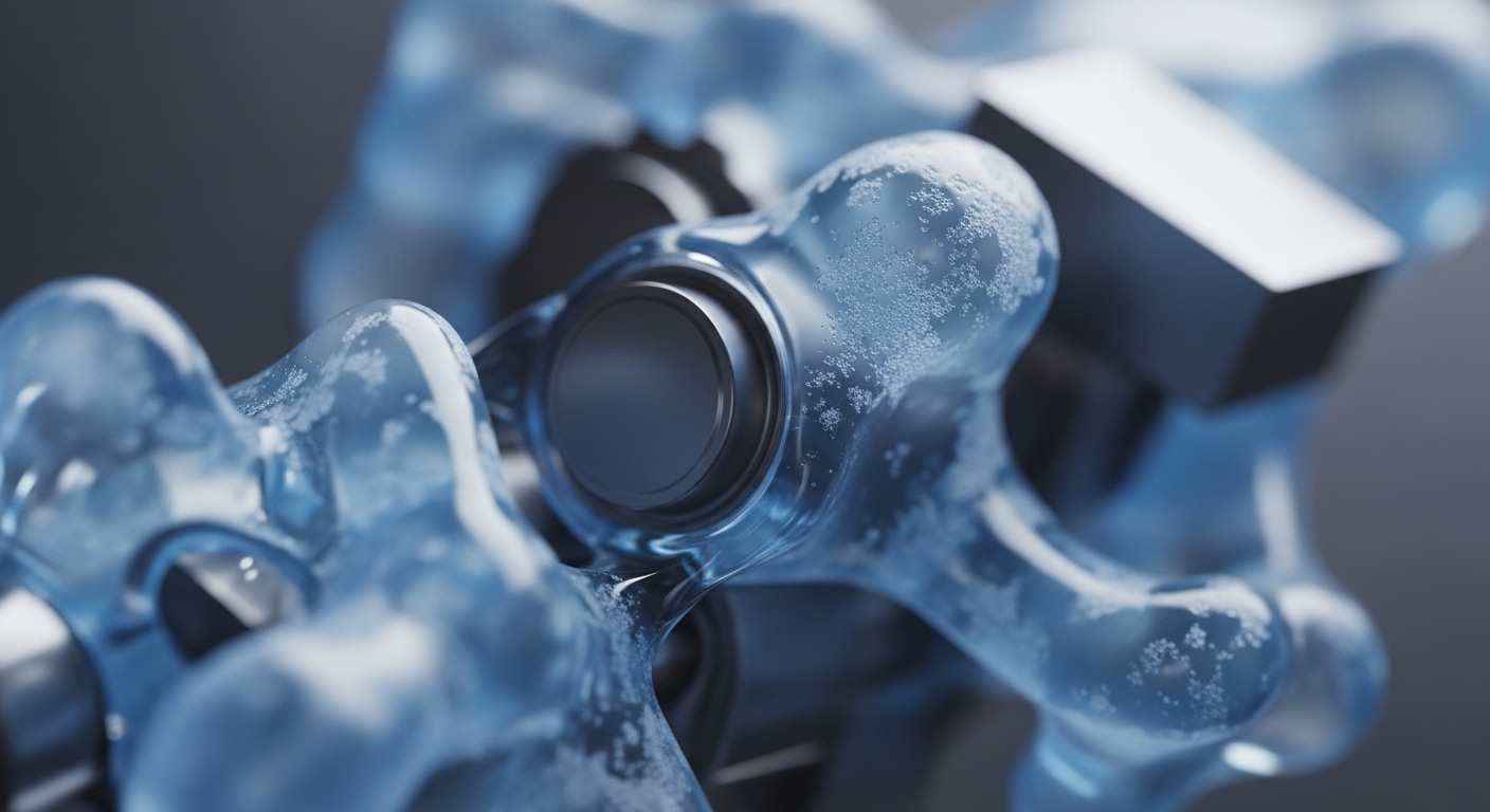 A close-up view reveals interconnected abstract forms composed of translucent blue material, marked with a fine, frosty texture, alongside dark metallic cylindrical and rectangular structures. These elements are tightly integrated, forming a coherent, intricate system with a shallow depth of field, emphasizing the central connection points