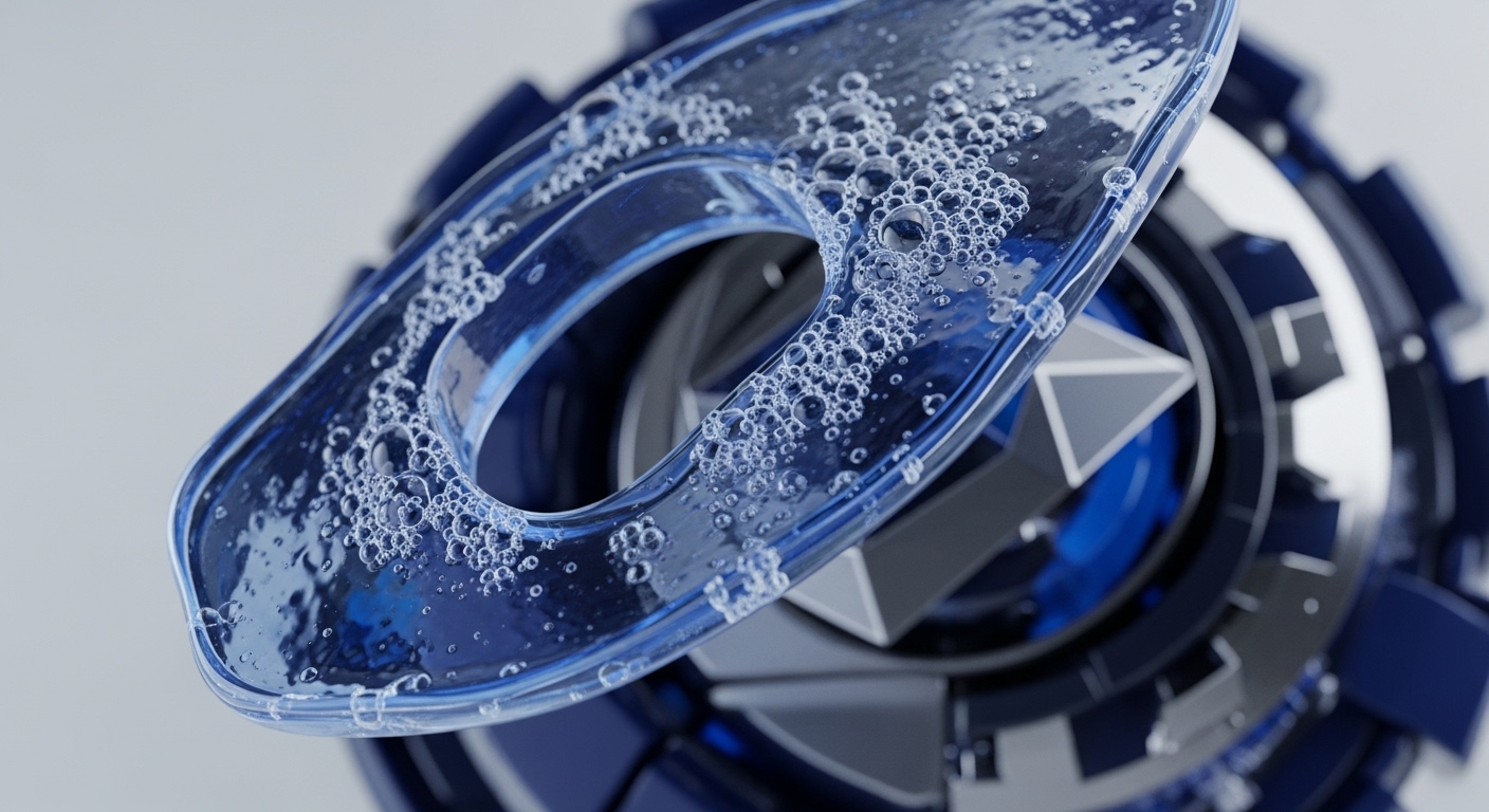 A translucent blue, ring-shaped element brimming with numerous bubbles is prominently featured, set against a backdrop of intricate dark blue and metallic grey mechanical structures. The central void of the ring reveals further angular, geometric components, suggesting a complex internal mechanism