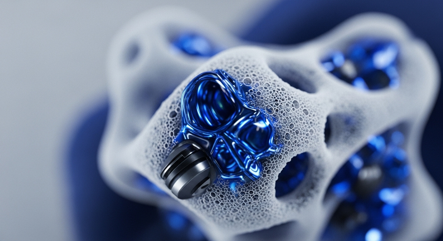 A detailed macro shot presents a textured, porous white structure, resembling cellular or crystalline formations. Within this matrix, several brilliant, reflective blue metallic elements are embedded, with one particularly prominent in the foreground connected to a dark, grooved metallic component