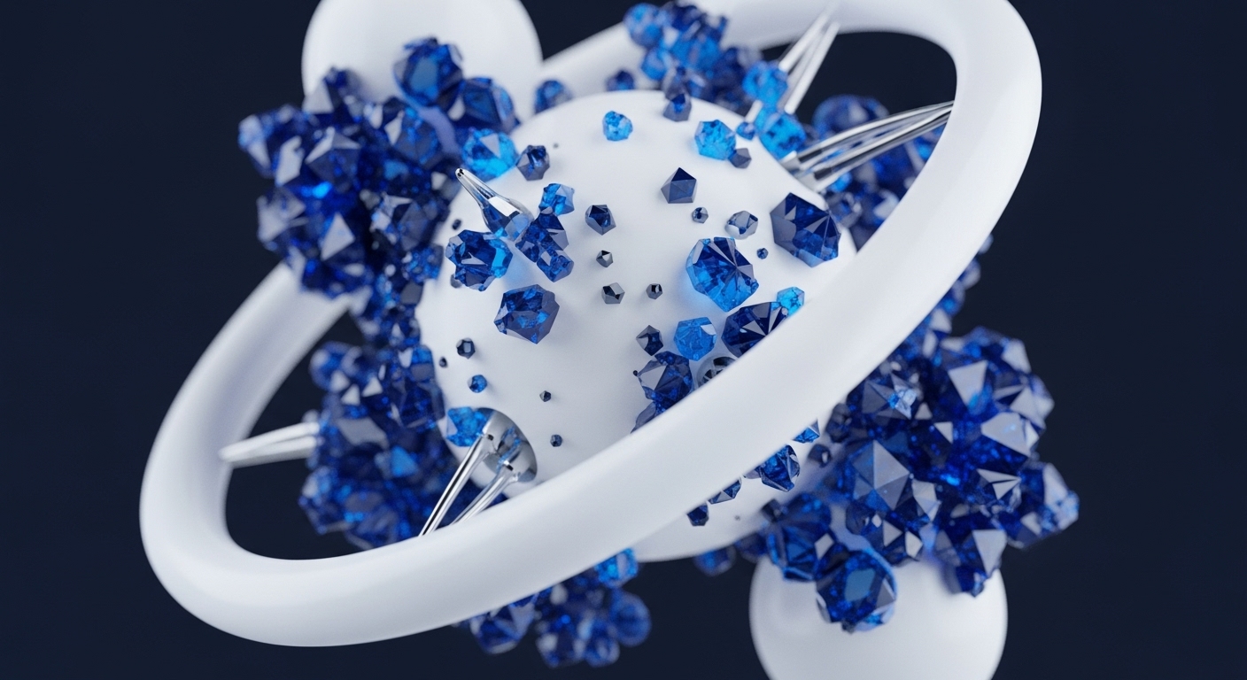 A white central sphere, adorned with numerous blue faceted crystals, is encircled by smooth white rings. Metallic spikes protrude from the sphere, extending through the rings against a dark background