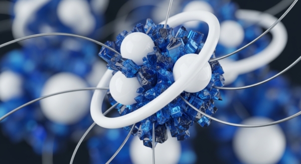 A central, dense aggregation of shimmering blue crystalline forms, representing individual transaction blocks or digital assets, anchors the composition. Three prominent white spheres, suggestive of validator nodes or smart contracts, orbit this core. White, tubular pathways and thin metallic wires, symbolizing protocol layers and network infrastructure, interconnect these elements. The blurred background indicates a larger decentralized ledger technology DLT ecosystem, highlighting robust interoperability and scalability within a corporate crypto framework.