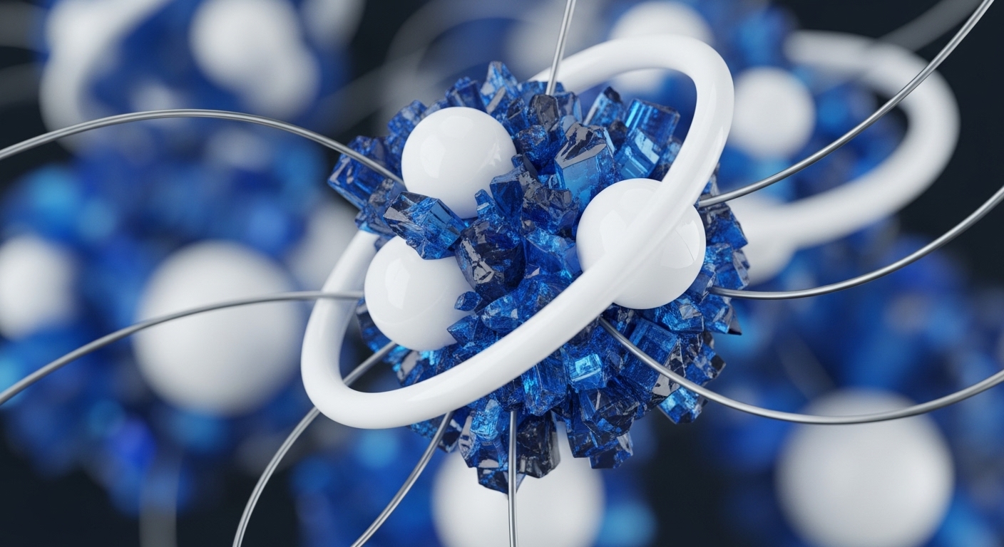The image presents a striking abstract composition centered on a dense cluster of faceted, translucent blue crystals, surrounded by smooth white spheres and interconnected by flowing white tubes and thin metallic wires. Out-of-focus similar structures populate the background, suggesting a vast, interconnected system