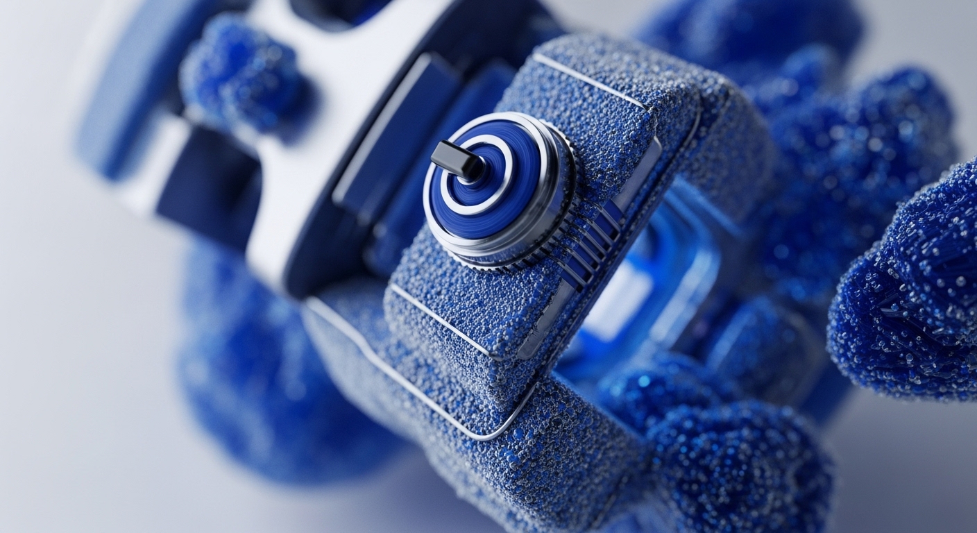 A detailed close-up presents a blue, granular, modular device with a prominent central dial. The device's surface is heavily textured, resembling tiny aggregated particles or frozen micro-crystals, while a sleek metallic mechanism with blue and silver rings is precisely positioned on top