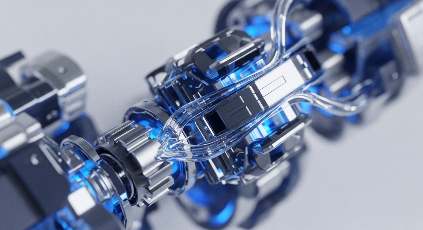 The image showcases an array of intricate metallic and transparent mechanical components, internally illuminated with a bright blue light, creating a sense of depth and complex interaction. Gears, conduits, and circuit-like structures are visible, suggesting a highly engineered and precise system