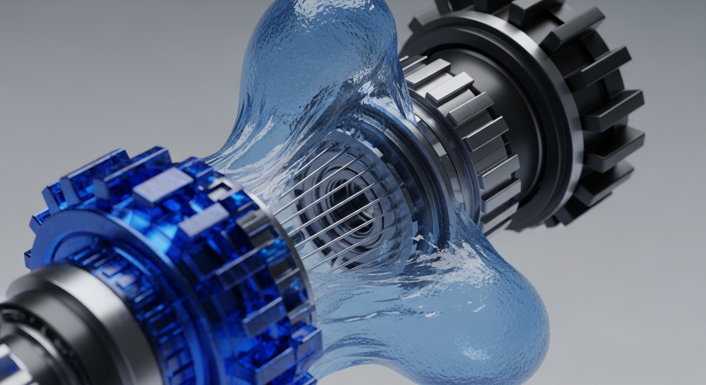 The image precisely depicts two distinct, gear-like mechanical components—one a vibrant blue, the other a dark metallic grey—interconnected by a dynamically flowing, translucent blue fluid. Visible within the fluid are multiple metallic rods, suggesting an intricate internal mechanism