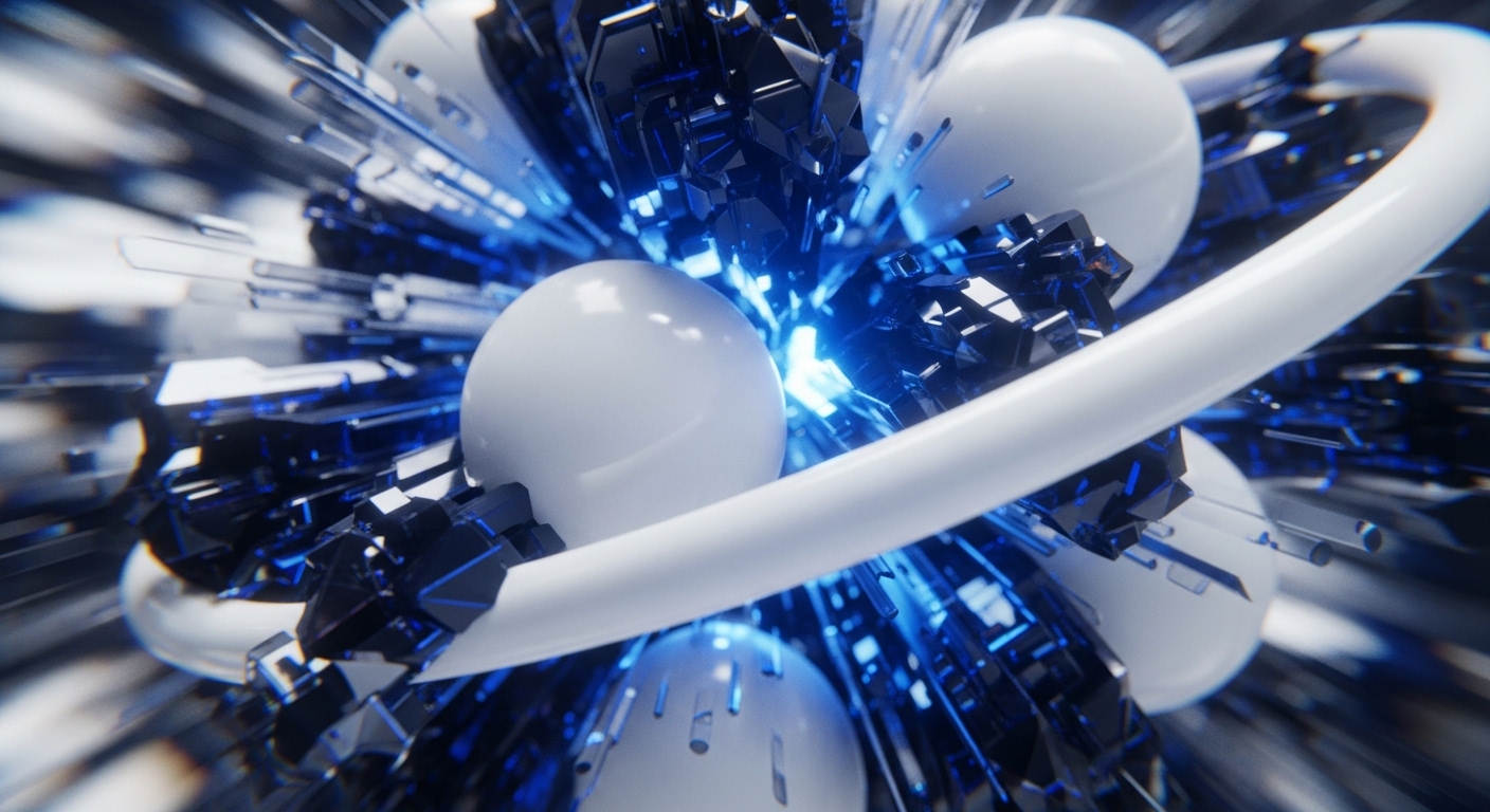A vibrant abstract visualization showcases white, luminous spherical nodes interconnected by a sweeping white tubular structure, symbolizing a robust decentralized network. Dark, angular, crystalline forms, illuminated by intense blue light, represent transaction blocks and smart contracts processing data. The energetic blue glow suggests active cryptographic hashing and a dynamic consensus mechanism within a complex Distributed Ledger Technology DLT ecosystem.