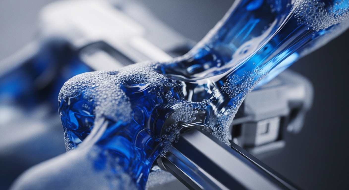 A striking visual depicts a luminous blue, bubbly liquid moving along a dark metallic channel, creating a sense of dynamic flow and intricate processing. The liquid's surface is covered in countless small, spherical bubbles, indicating effervescence or aeration within the transparent medium