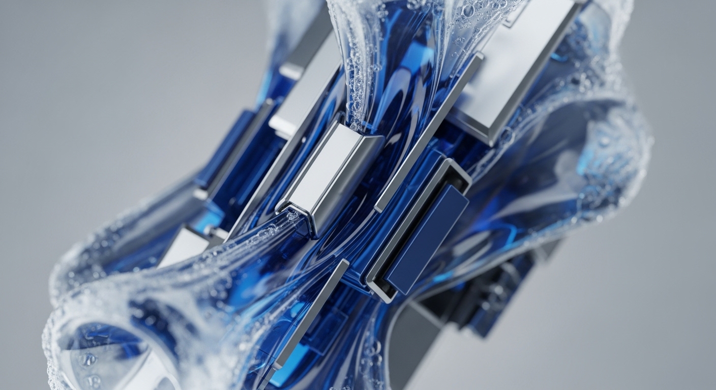 An abstract, dynamic composition features translucent blue liquid-like elements with bubbles flowing around and through sleek metallic and dark blue geometric structures. The intricate design suggests a complex system in constant motion