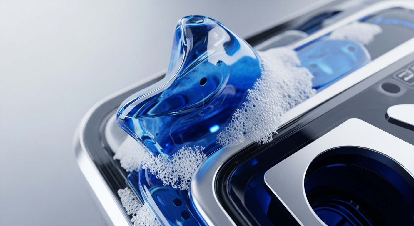 A vibrant blue, transparent, fluid-like object, resembling a sculpted wave, rises from a bed of white foam within a sleek, metallic device. The device features dark, reflective surfaces and silver accents, with circular indentations and control elements visible on the right