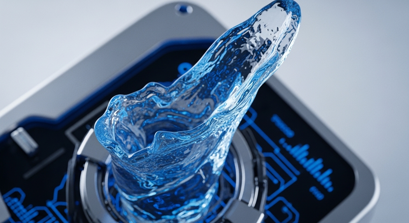 A vibrant blue, translucent liquid forms a dynamic, upward-spiraling column, emanating from a polished metallic apparatus. The apparatus's dark surface is illuminated by glowing blue lines resembling complex circuit pathways, suggesting advanced technological integration and a futuristic design aesthetic