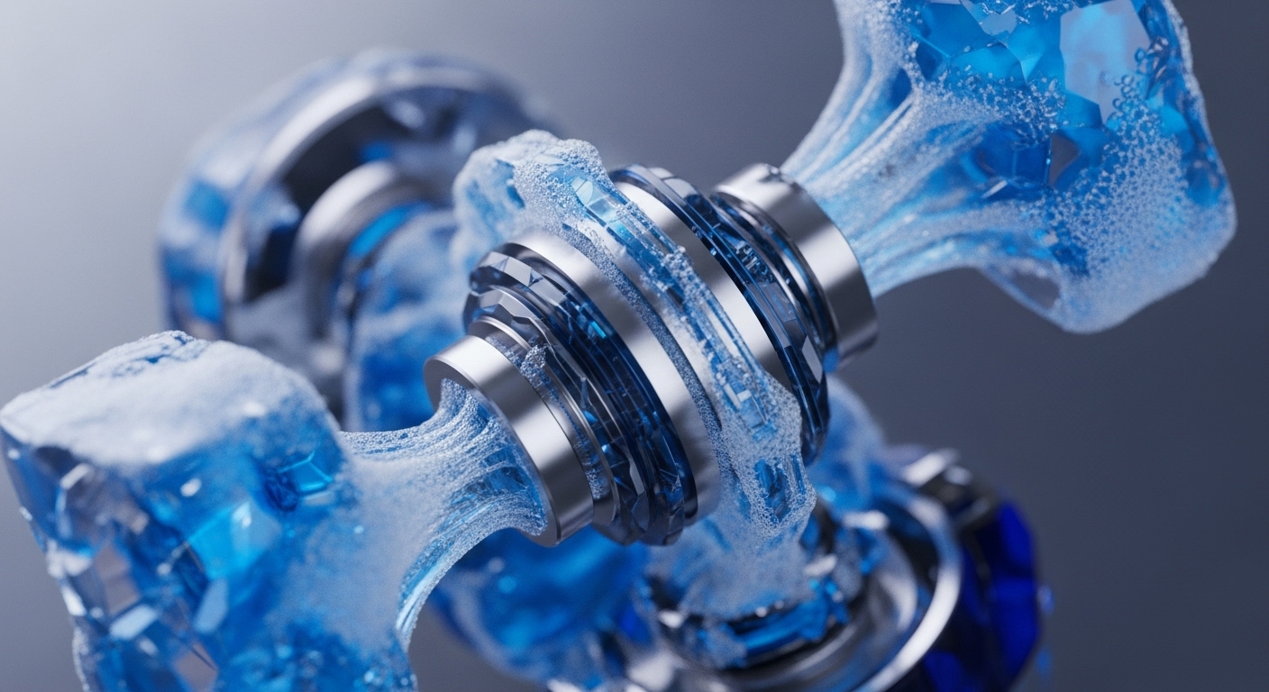 A sophisticated mechanical assembly features polished metallic rings intricately interwoven with vibrant blue crystalline structures. These translucent forms, appearing as energetic flows or aggregated digital assets, are textured with fine, effervescent particles, suggesting dynamic data processing. The central metallic components symbolize a robust consensus mechanism or core protocol layer, while the emanating blue elements illustrate tokenized liquidity streams within a decentralized network. This abstract visualization emphasizes the continuous, high-fidelity operations inherent in distributed ledger technology, showcasing complex interdependencies and computational efficiency.