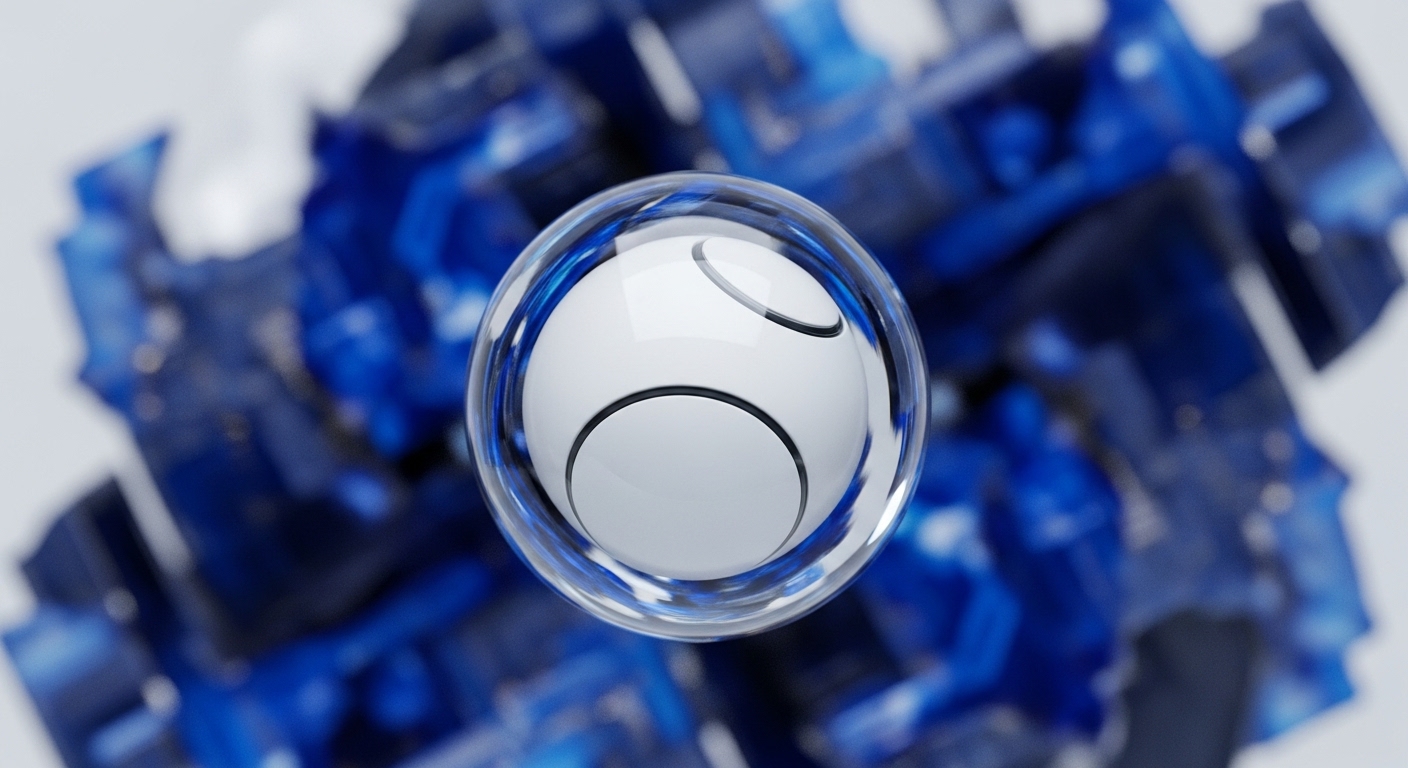 A pristine white sphere, etched with subtle dark orbital lines, is encased within a transparent, liquid-like bubble. This central element floats against a backdrop of fragmented, crystalline blue structures, suggesting complex, interconnected data nodes. The visual metaphor evokes the secure containment of digital assets, perhaps representing a core private key or a foundational smart contract, shielded within a secure blockchain ecosystem. It hints at the immutability and transparency inherent in distributed ledger technology and the intricate mechanisms of tokenomics.