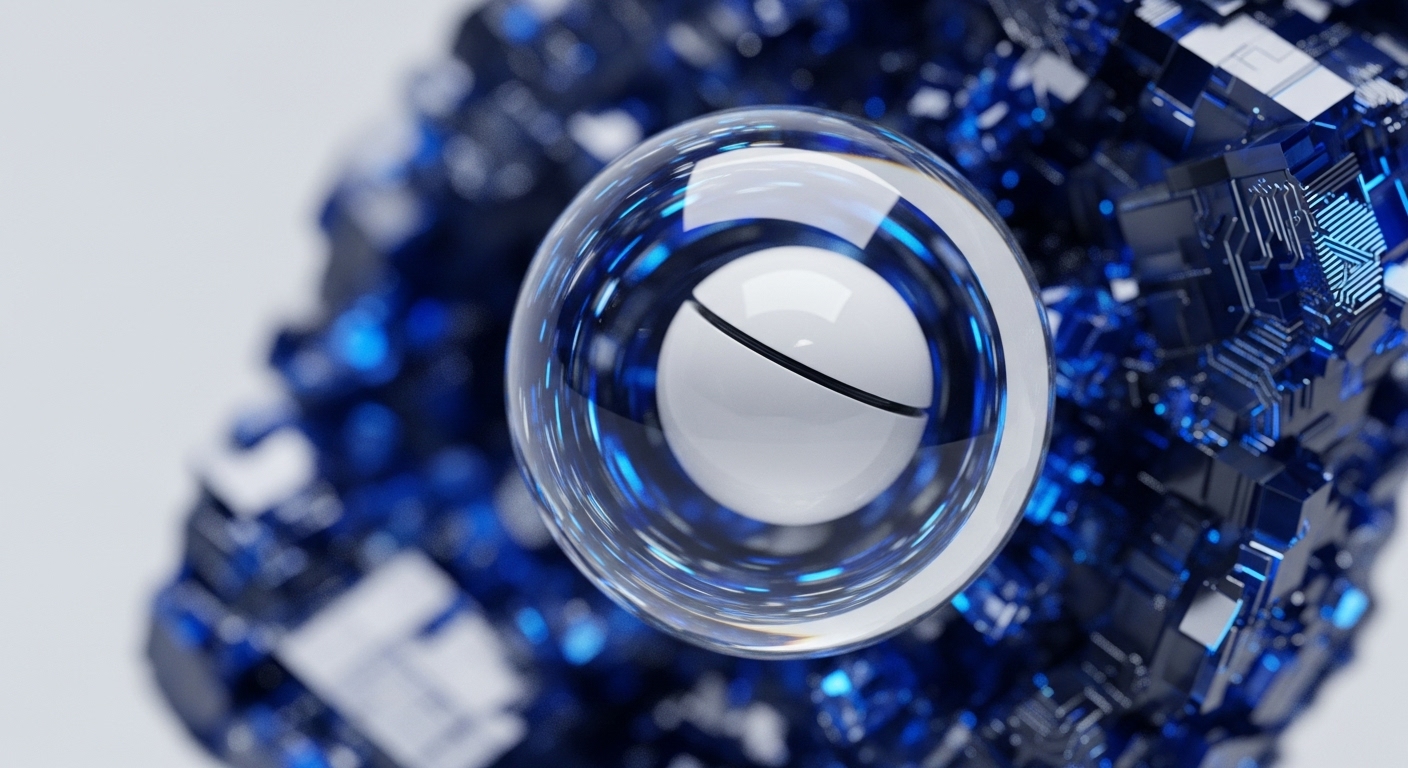 A clear sphere encases a white sphere marked with a dark line, positioned before a vibrant, geometric blue structure. This visual composition symbolizes the secure encapsulation of digital assets and protocols within the blockchain ecosystem