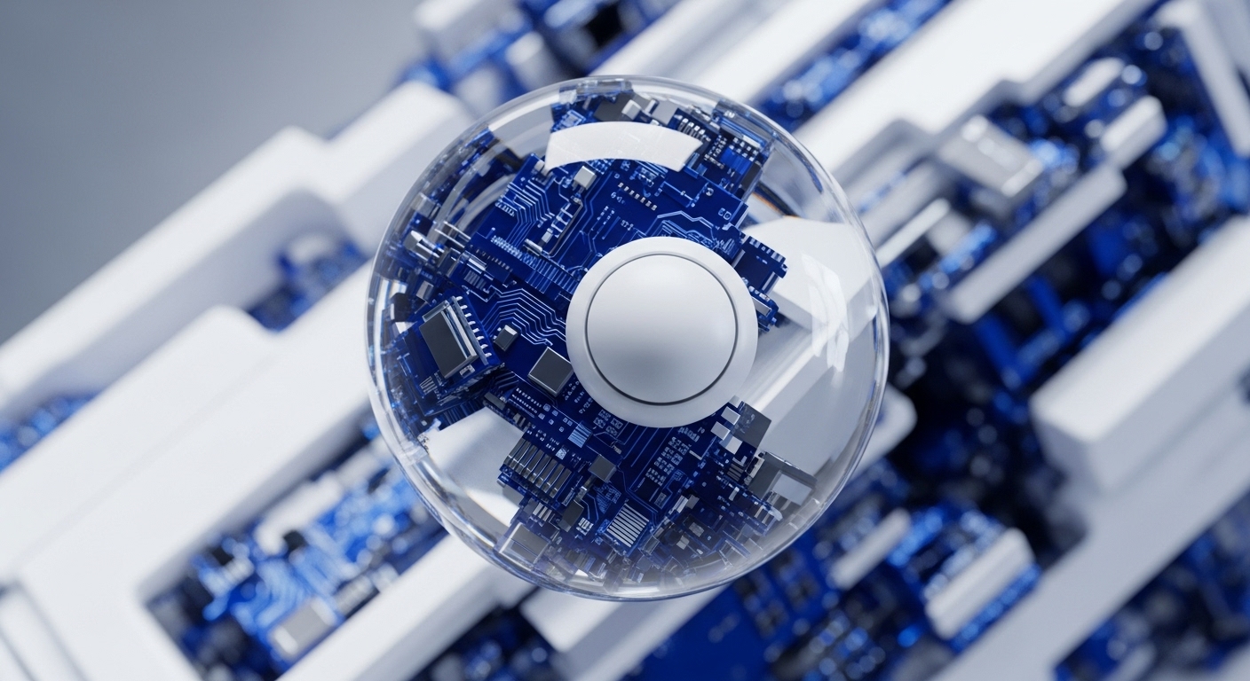 A clear spherical enclosure reveals a dense, blue printed circuit board filled with microchips and electronic components, positioned centrally within a futuristic, white architectural framework. This imagery evokes the fundamental architecture of a blockchain network, highlighting the intricate interconnections and processing power inherent in distributed ledger technology