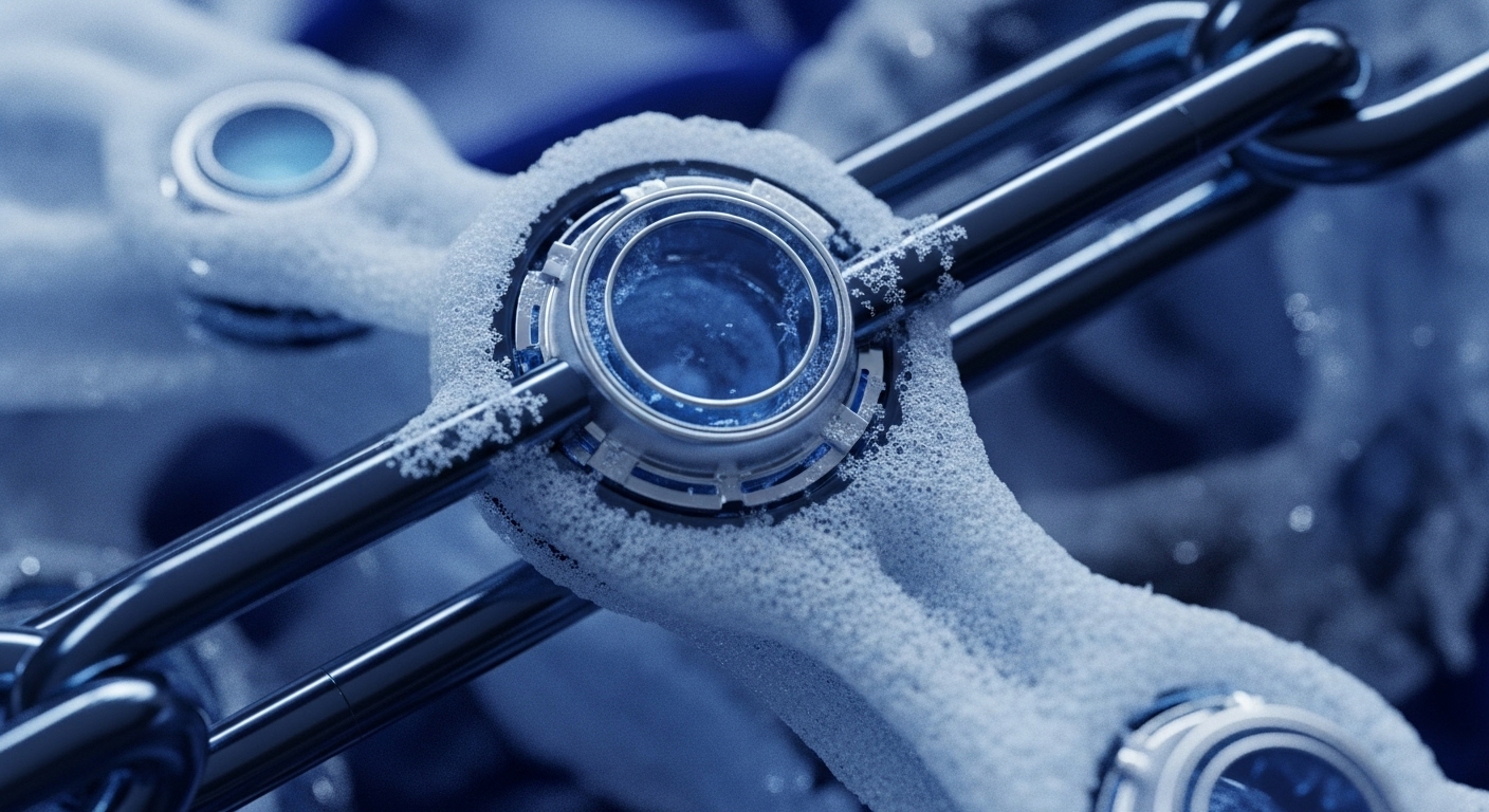 The image showcases a metallic chain, partially encased in frost, with several links featuring glowing blue circular elements. The foreground link is sharply in focus, highlighting its intricate design and the texture of the surrounding ice