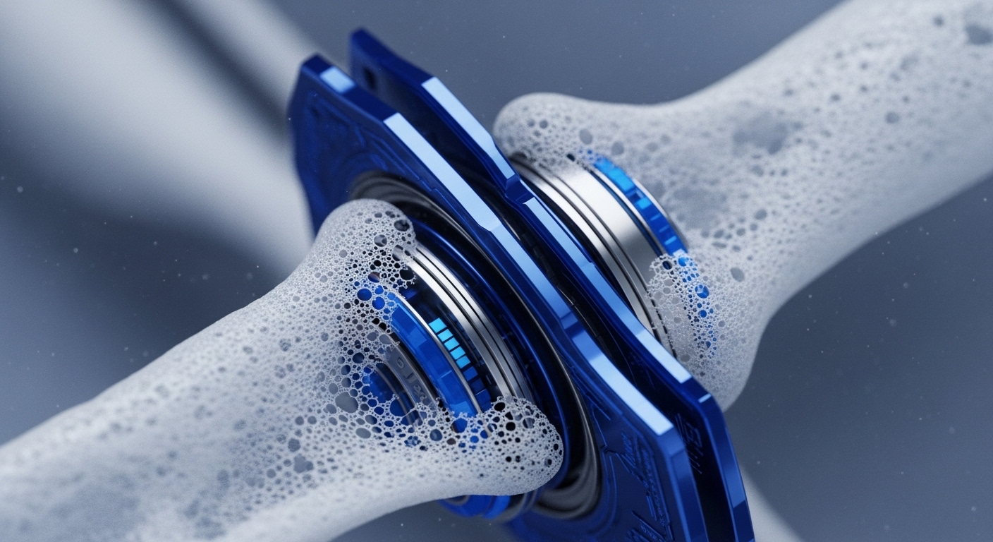The image presents two white, bone-like structures, enveloped in a white, foamy, bubbly substance, converging at a central, complex blue and silver mechanical apparatus. This intricate mechanism features glowing blue digital indicators and metallic rings, connecting the two structures within a soft, diffused blue background