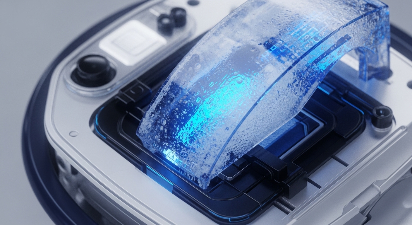A close-up view reveals a sophisticated metallic and dark polymer device, highlighting a transparent, arched component with internal blue illumination and visible condensation. This visual metaphor represents a critical hardware security module within a validator node, actively managing data stream processing. The integrated cooling mechanisms are vital for maintaining network stability and high transaction throughput in a decentralized ledger. It underscores the rigorous engineering behind operational robustness for enterprise blockchain solutions, ensuring data integrity through advanced cryptographic proofs.